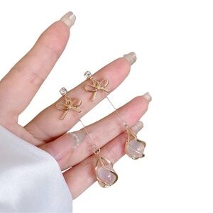 Gold Bow Pearl Stainless Steel Drop Earrings